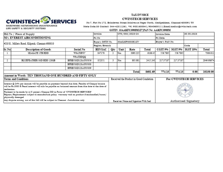 Tax Invoice for CWINSTECH Services | PDF | Cheque | Payments