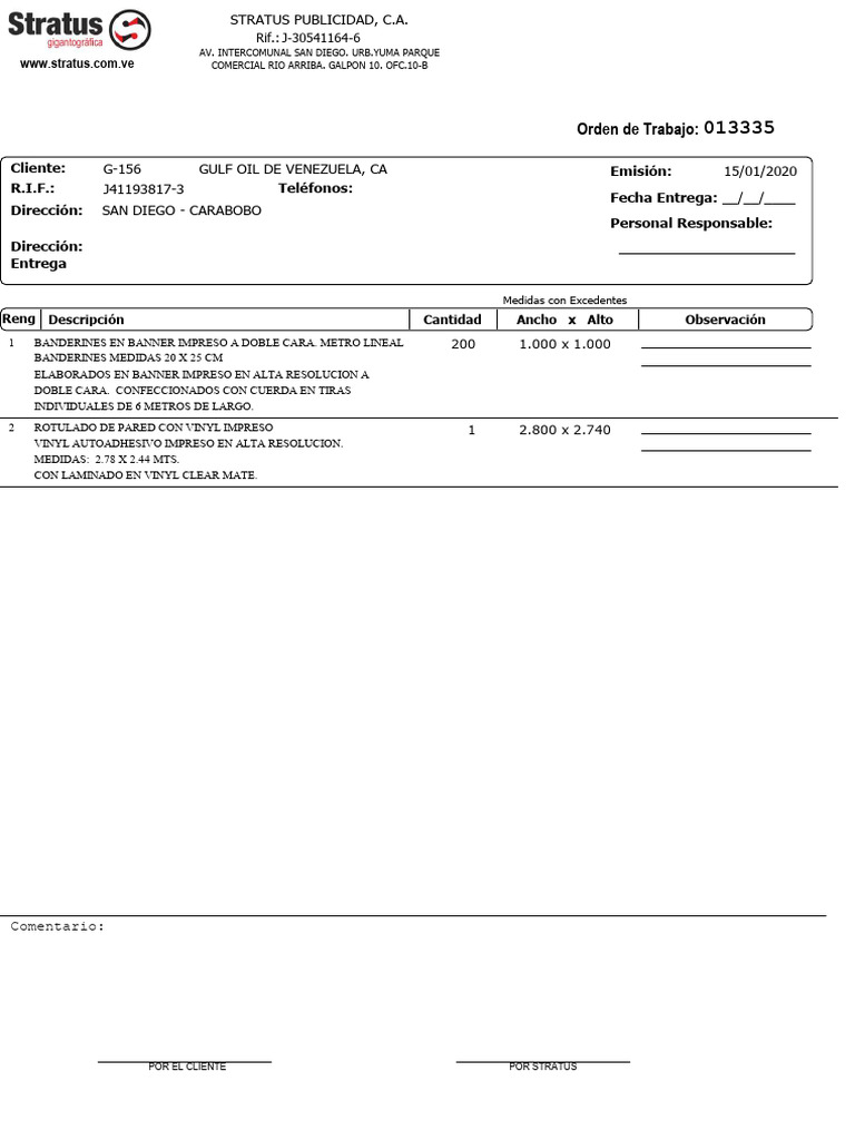Orden de Trabajo Publicidad Stratus | PDF