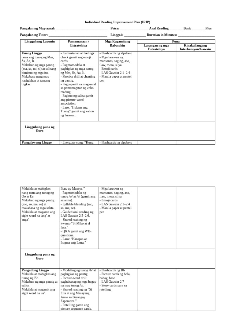 KS2-FILIPINO-Individual Reading Improvement Plan (IRIP) Basic | PDF