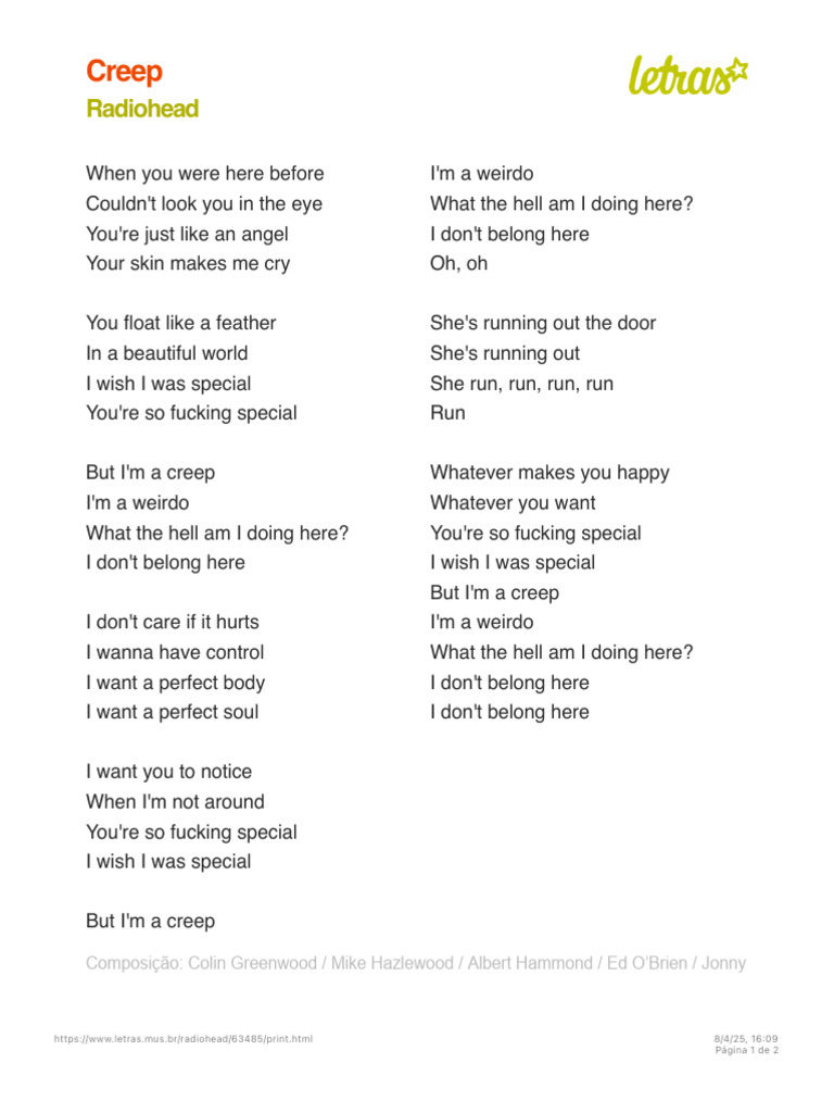 Creep Lyrics by Radiohead | PDF