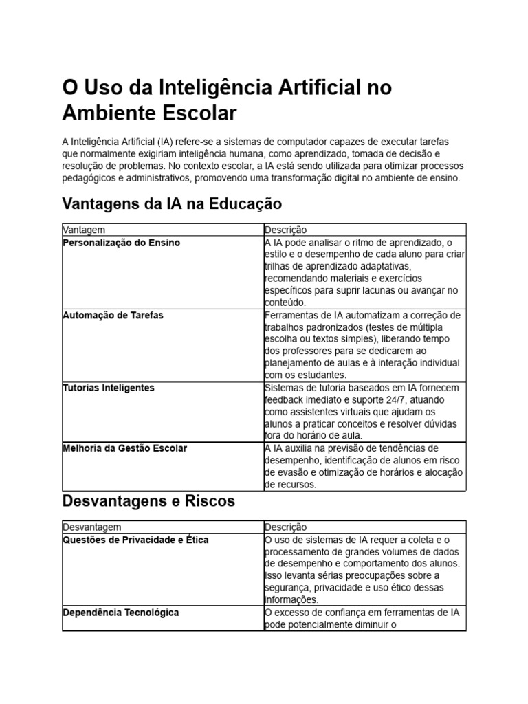 Inteligência Artificial na Educação: Vantagens e Desafios | PDF ...