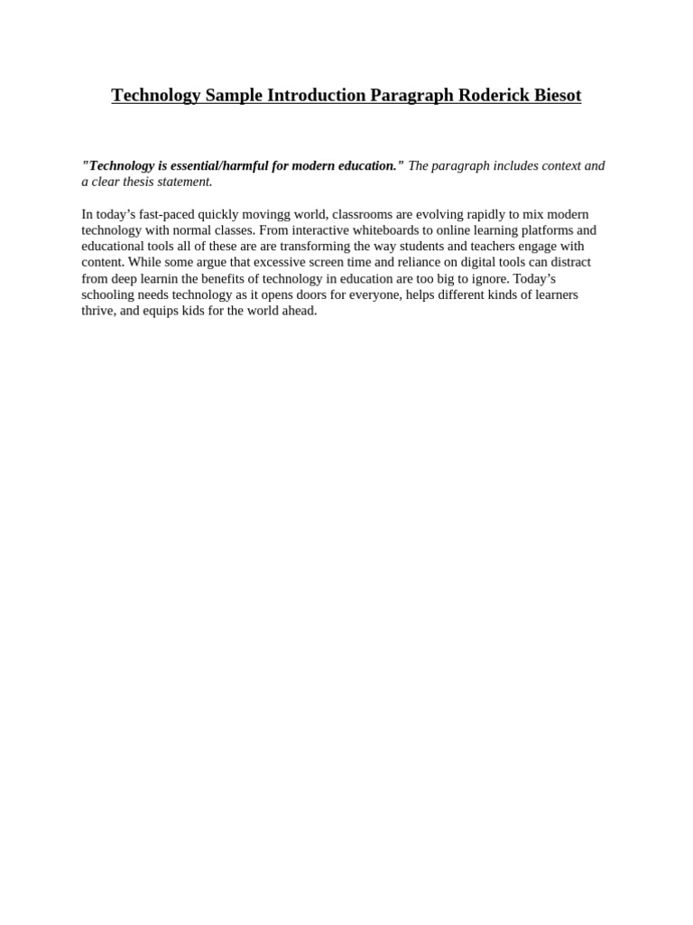 Technology Sample Introduction Paragraph Roderick Biesot | PDF