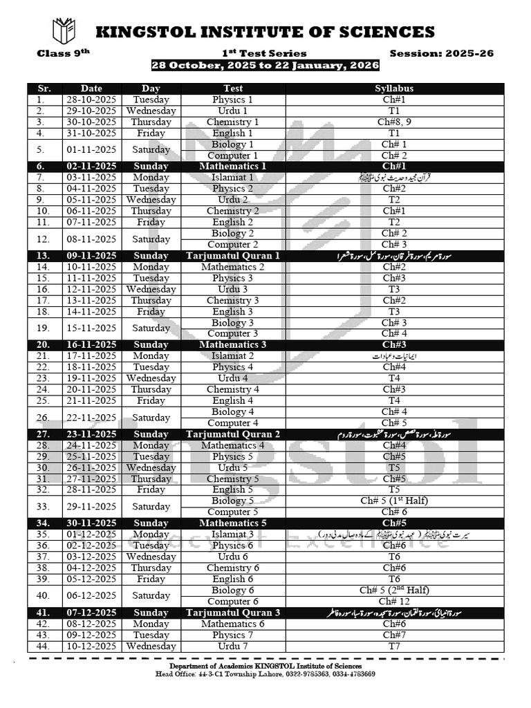 9th Class Test Series Schedule 2025 | PDF