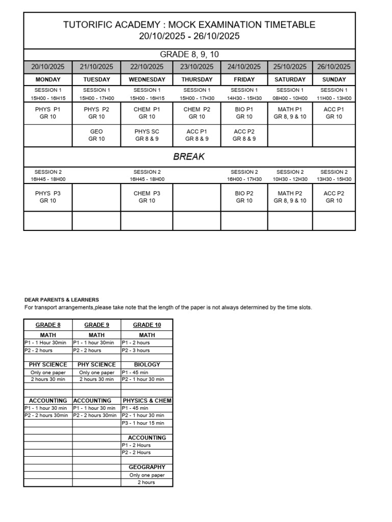 Mock Exam Timetable: Oct 20-26, 2025 | PDF