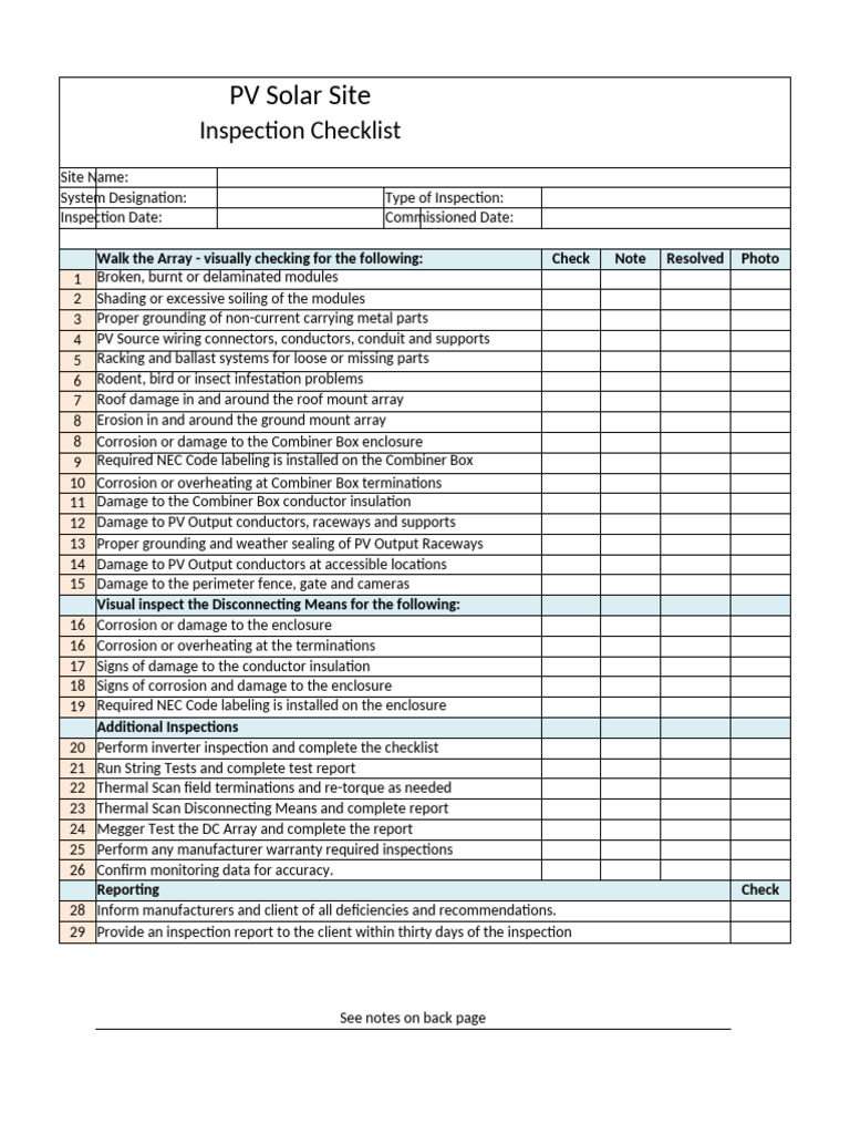 PV Solar Site Inspection Checklist | PDF | Equipment | Building Engineering