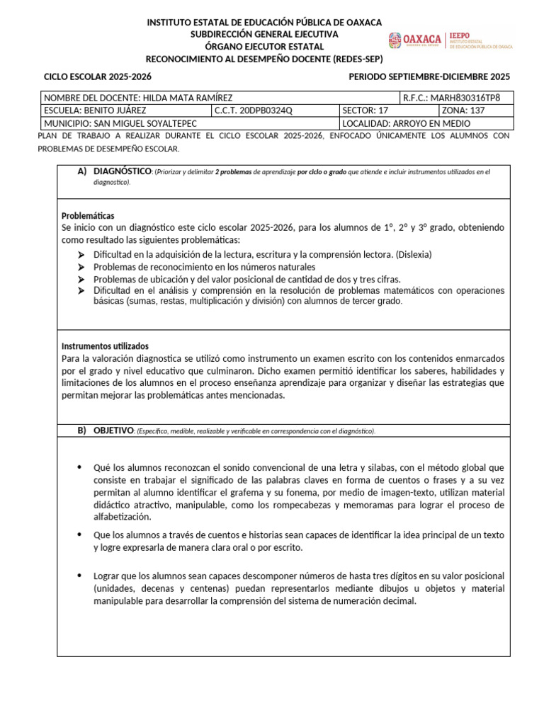Plan de Trabajo Docente 2025-2026 | PDF | Aprendizaje | Maestros