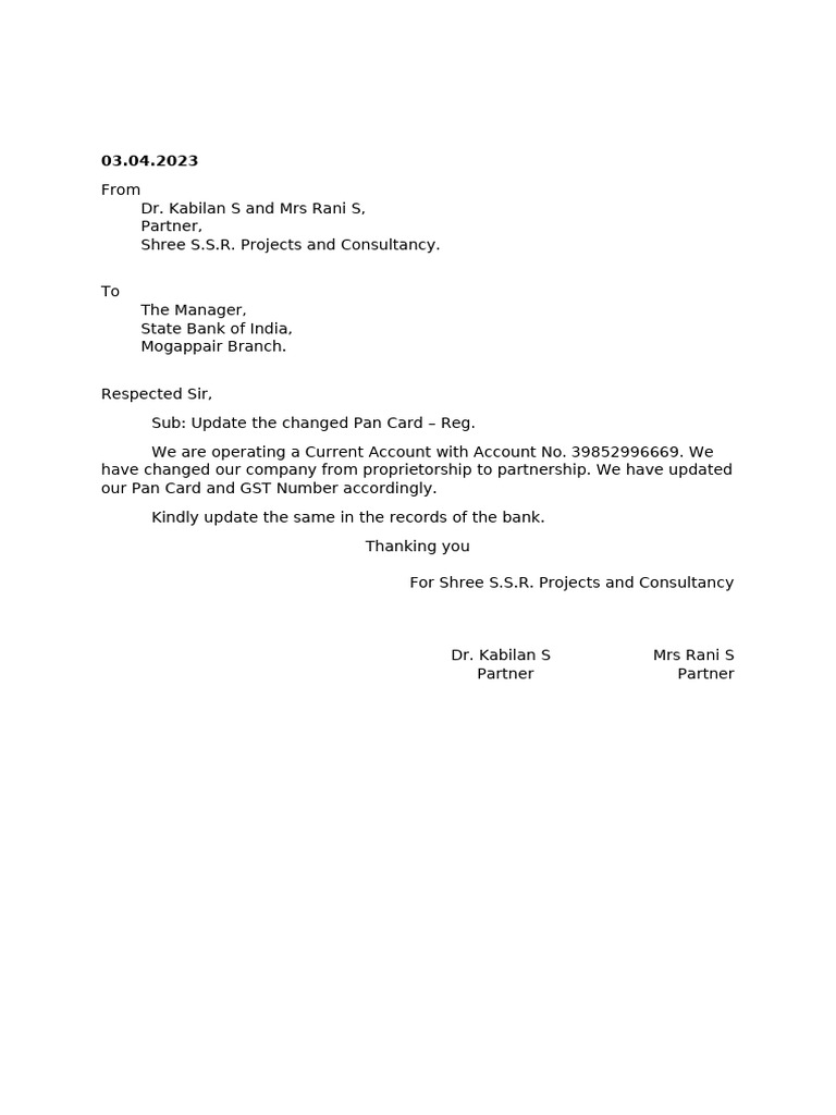 03.04.2023 - Letter Format To Manager SBI For Updating Pan Card | PDF