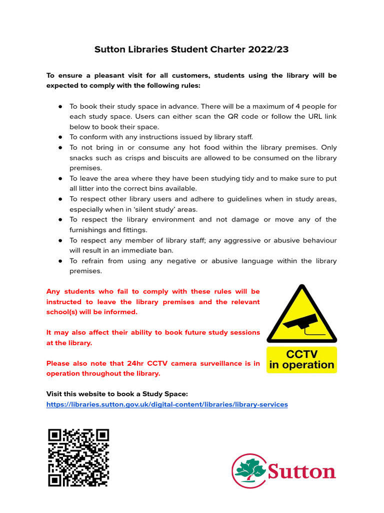 Sutton Libraries Student Charter 2022/23 | PDF