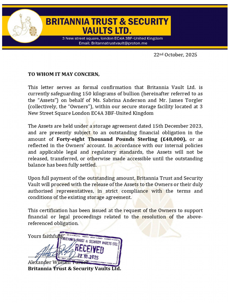 Bullion Storage Confirmation Letter | PDF