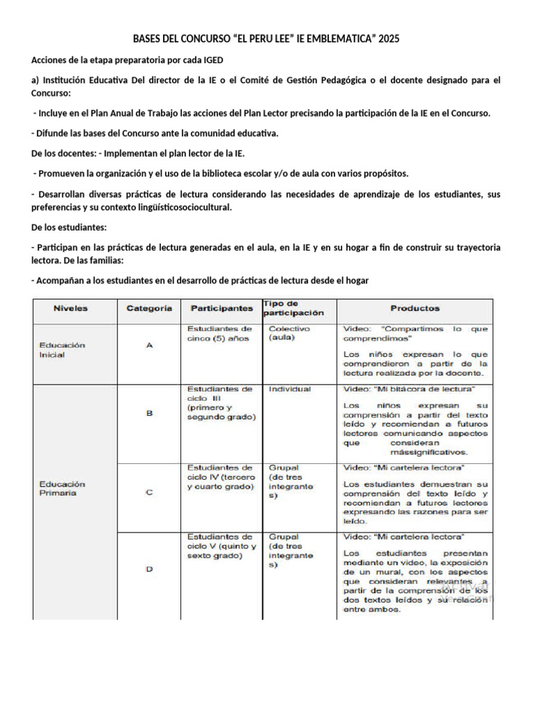 Bases Del Concurso Peru Lee Ie 15513 | PDF