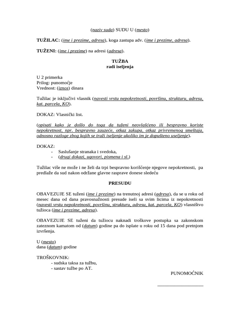 Tužba Radi Iseljenja | PDF