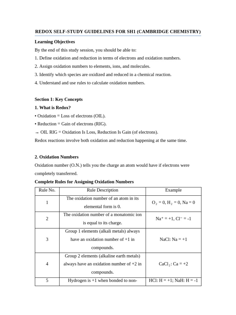 Redox Study Guide for SH1 Chemistry | PDF | Redox | Chemical Compounds