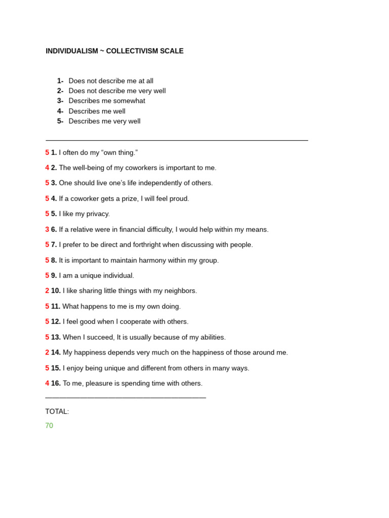 Individualism vs. Collectivism Scale | PDF