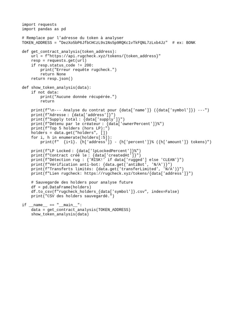 Analyse de contrat RugCheck API | PDF