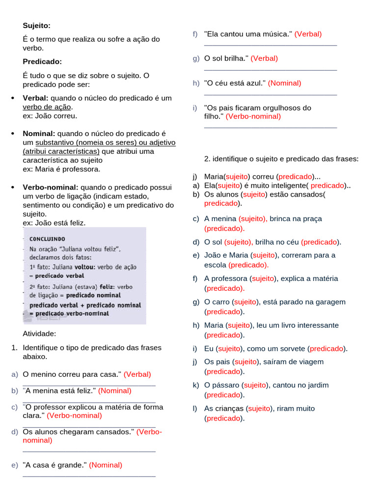 Tipos de Sujeito e Predicado em Frases | PDF | Assunto (gramática ...