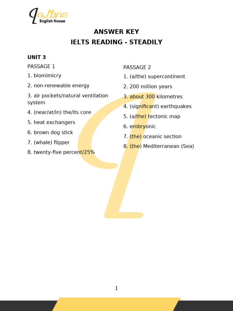 IELTS Reading Unit 3 Answer Key | PDF