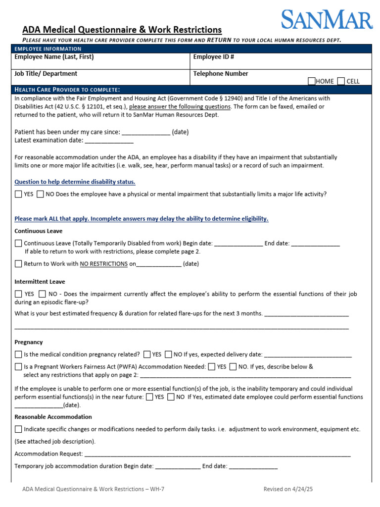 ADA Medical Questionnaire & Work Restrictions | PDF | Disability ...
