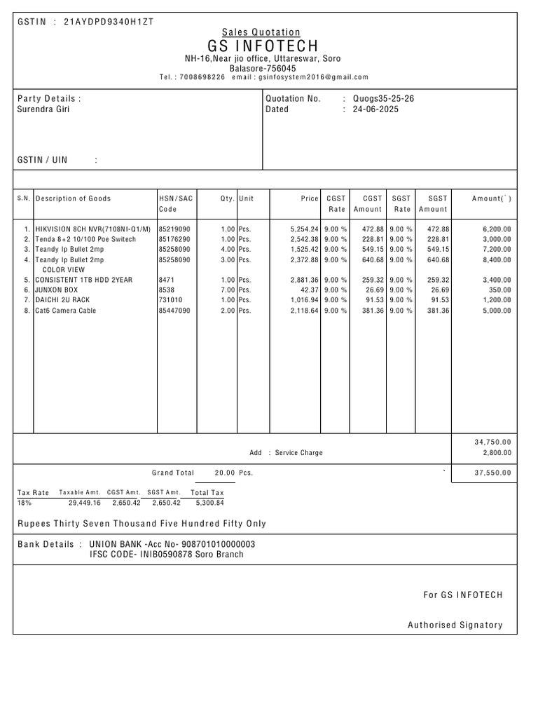 GST Sales Quotation for GS Infotech | PDF | Chess Theory | Chess