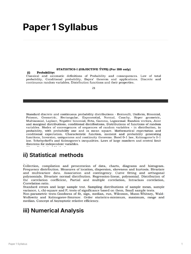 ISS Statistics Paper 1 Syllabus | PDF