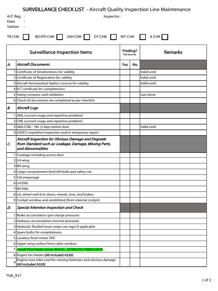 Aircraft Quality Inspection Checklist | PDF | Landing Gear | Aviation