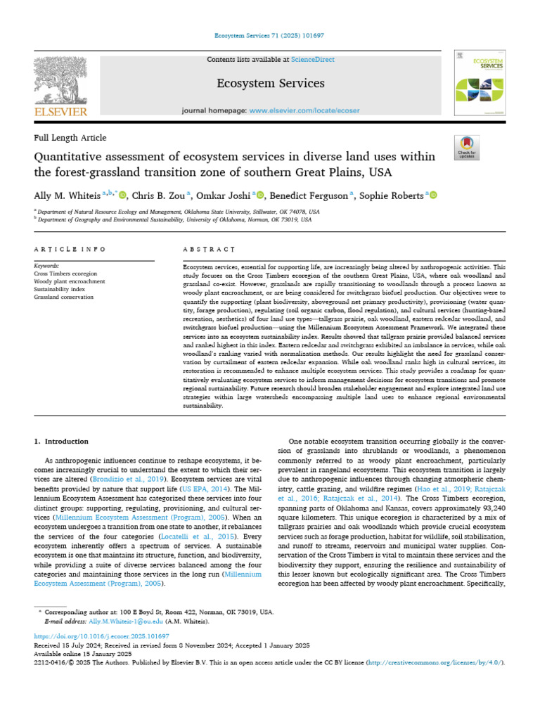 Ecosystem Services: Ally M. Whiteis, Chris B. Zou, Omkar Joshi ...