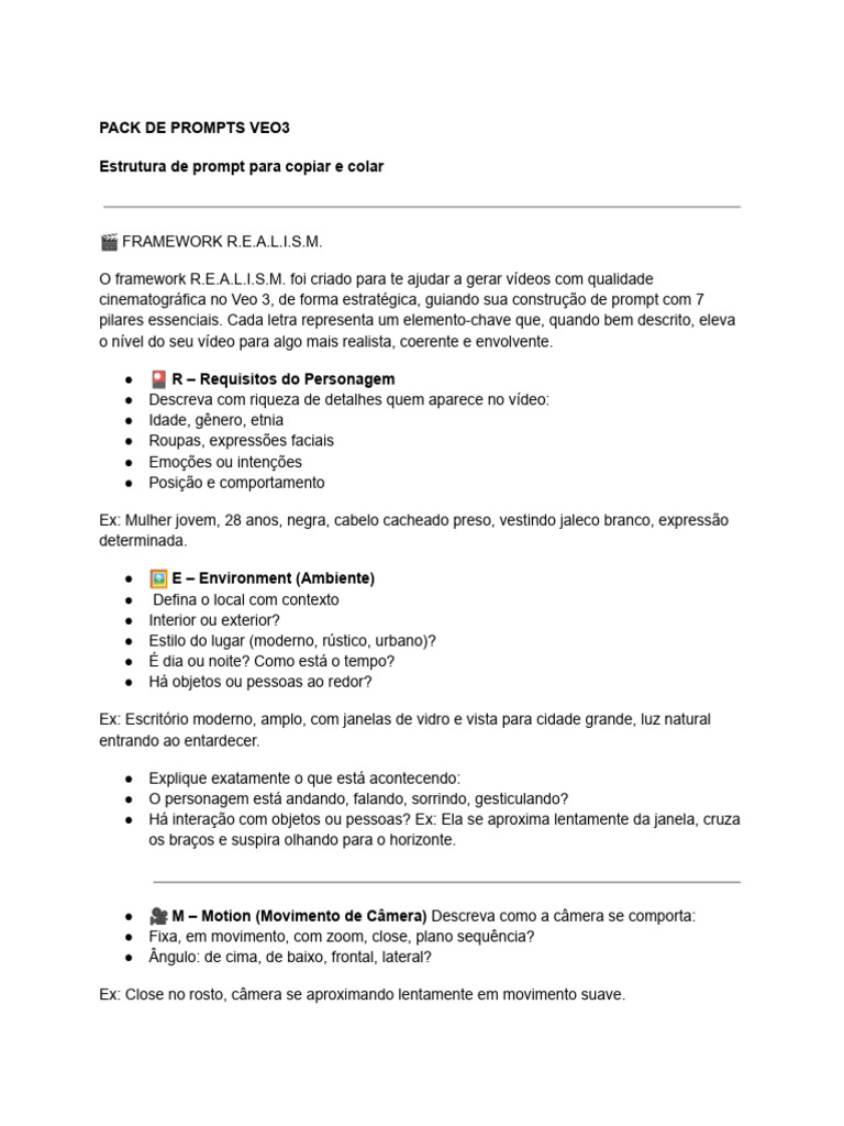 PACK de PROMPTS VEO3 - Estrutura de Prompt para Copiar e Colar | PDF | Cor