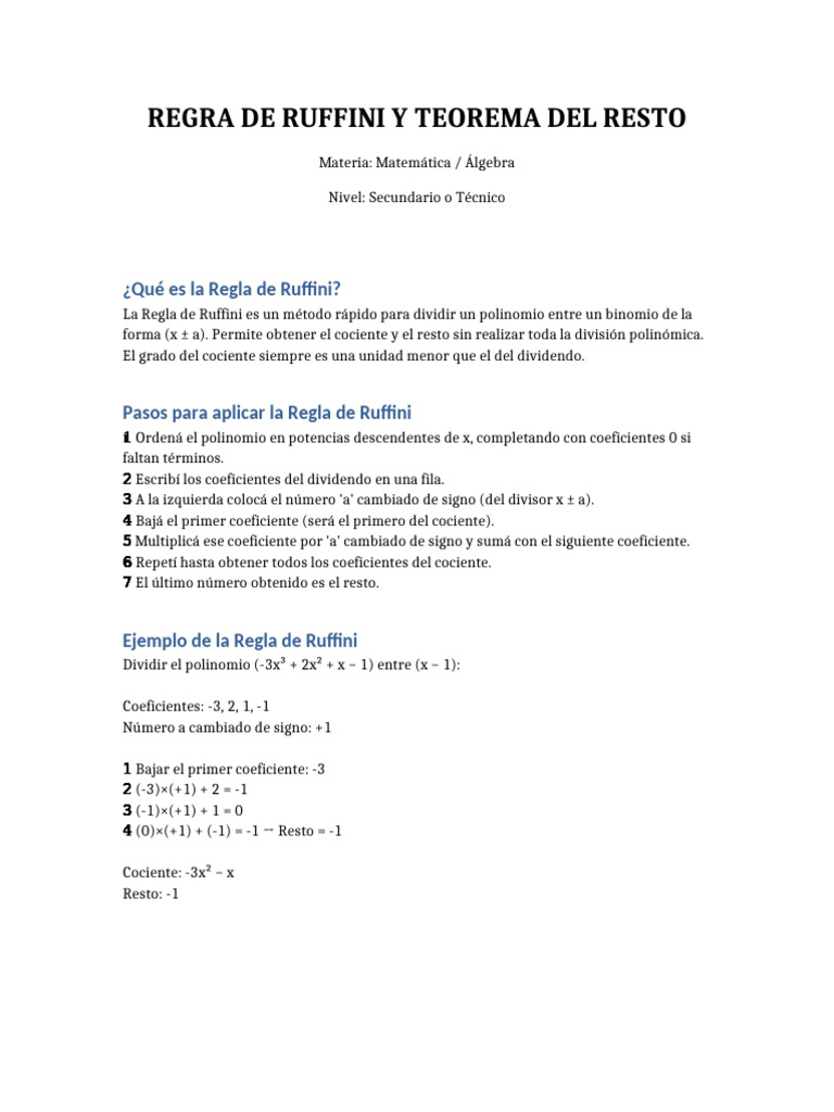 Regla de Ruffini y Teorema del Resto | PDF