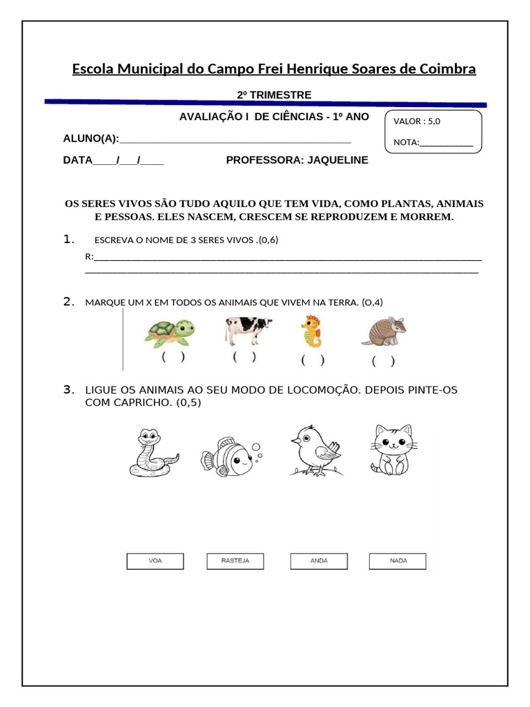 Avaliação de Ciências - 1º Ano | PDF