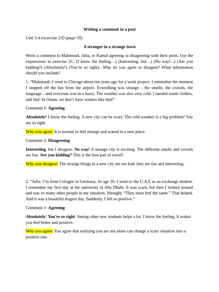 Writing A Comment To A Post - Unit 5.4 Excercize 2D (Page 59) | PDF