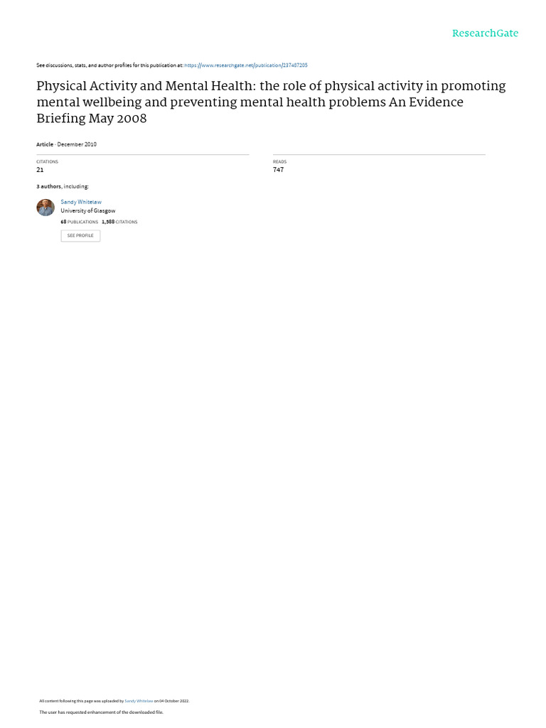 Physical Activity's Impact on Mental Health | PDF | Well Being | Self ...