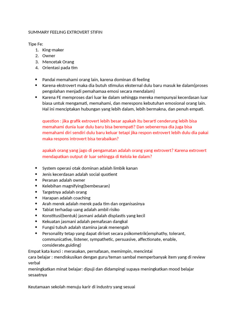 Summary Feeling Extrovert Stifin | PDF
