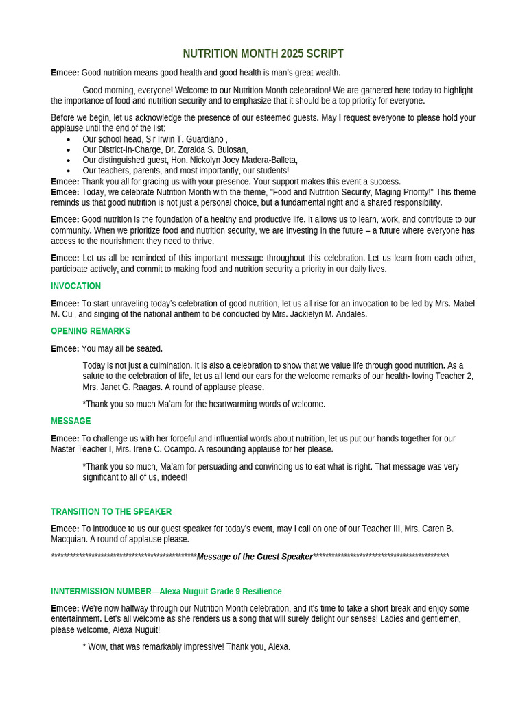 Nutrition Month 2025 Script | PDF