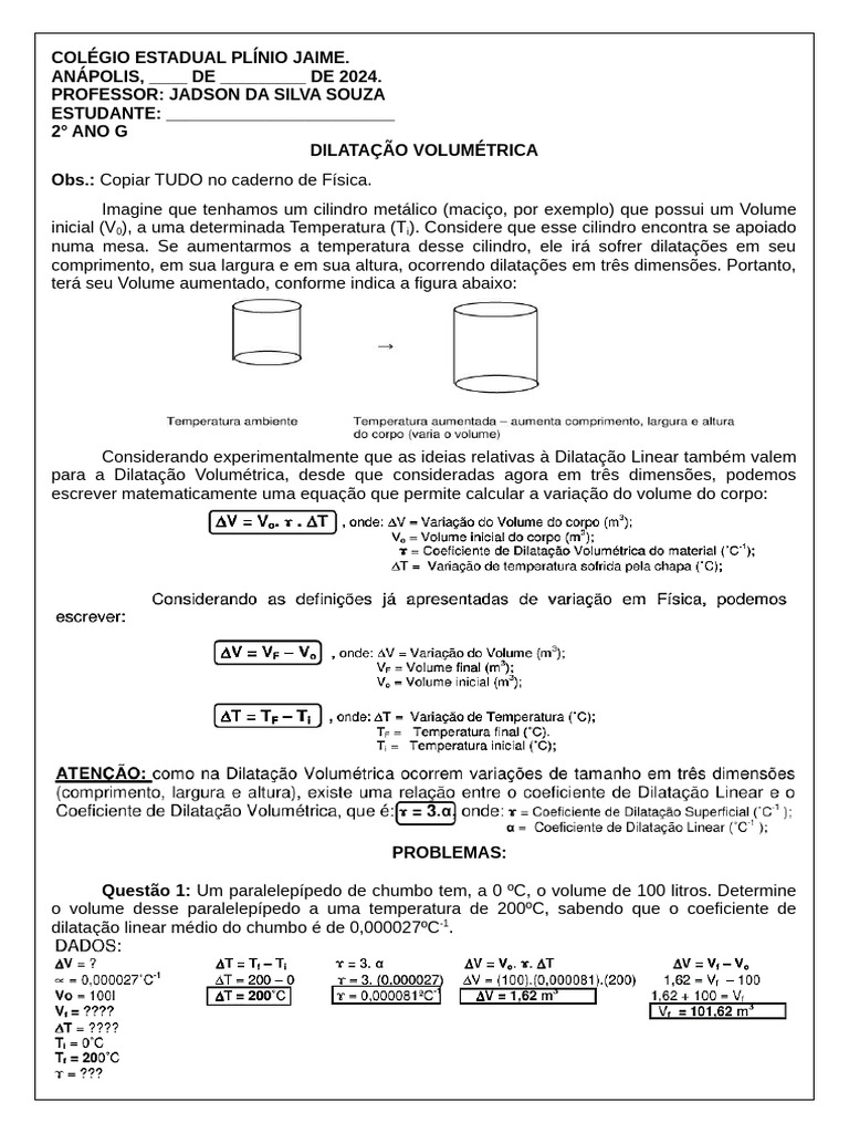Dilatação Volumétrica: Exercícios e Cálculos | PDF | Expansão térmica ...