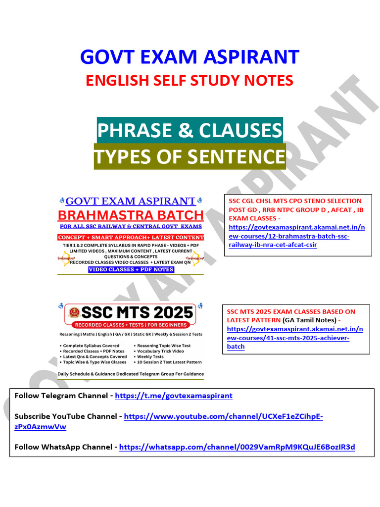 Phrases & Clauses, Structure of Sentence | PDF | Clause | Verb