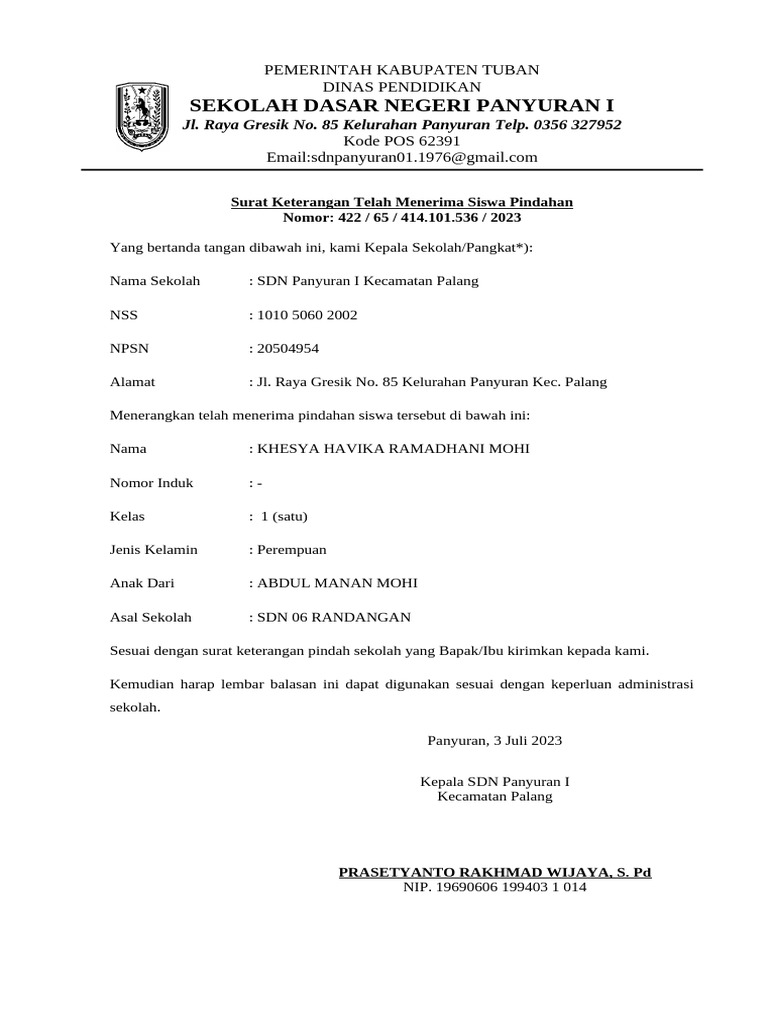Surat Keterangan Diterima Di SD | PDF
