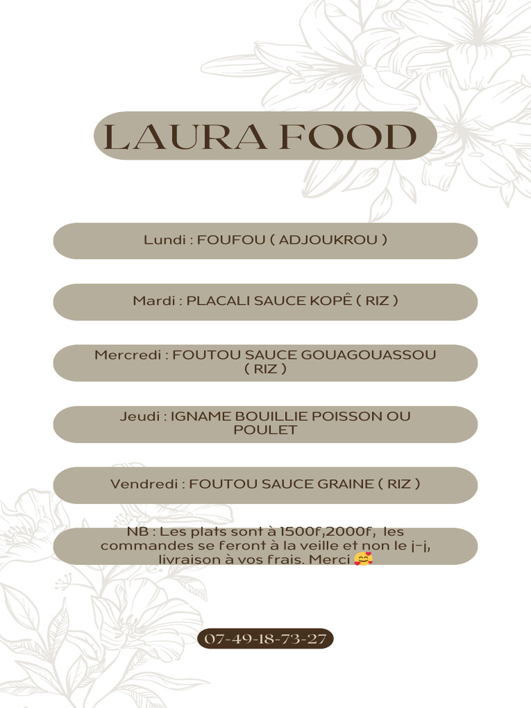 Menu hebdomadaire de Laura Food | PDF