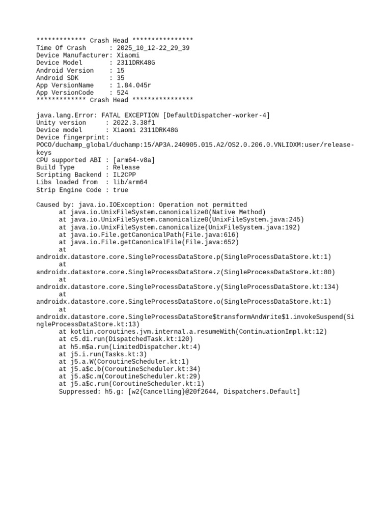 Xiaomi Crash Report: Unity Error 2025 | PDF
