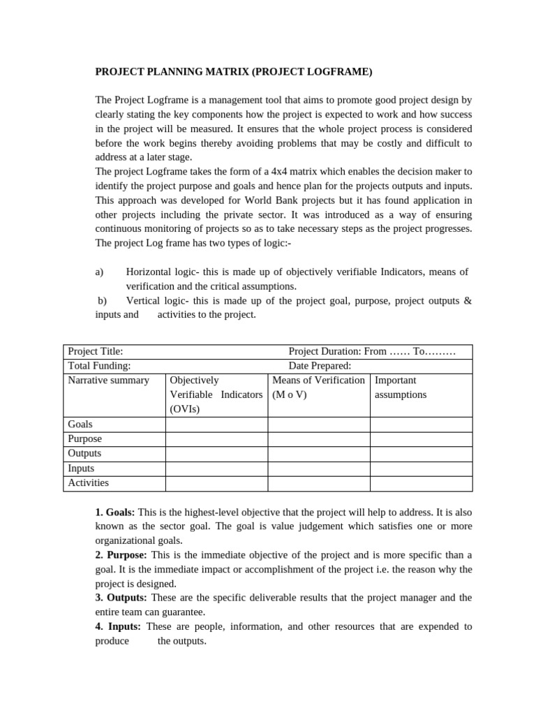 Project Planning Matrix Overview | PDF | Goal
