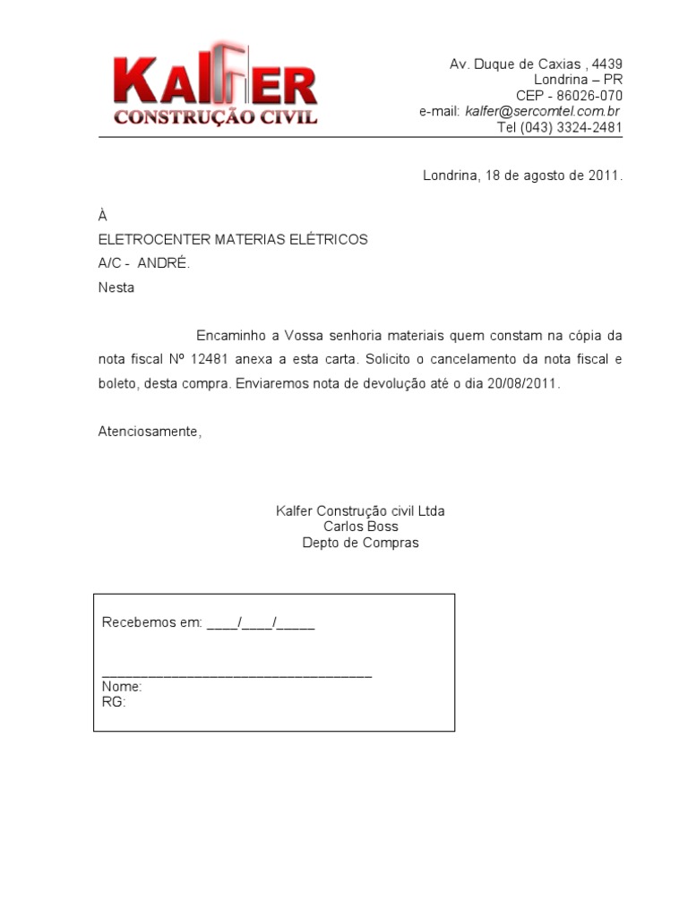 CARTA DE DEVOLUÇÃO DE MATERIAIS