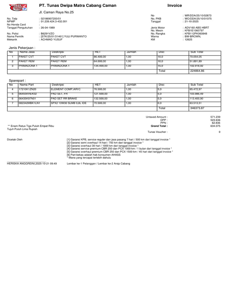 Invoice Servis Motor ADV160 2025 | PDF