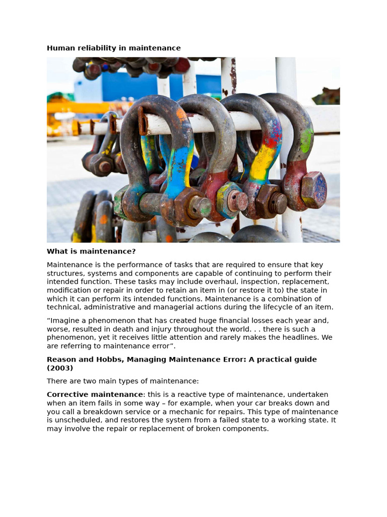 Human Reliability in Maintenance | PDF | Reliability Engineering