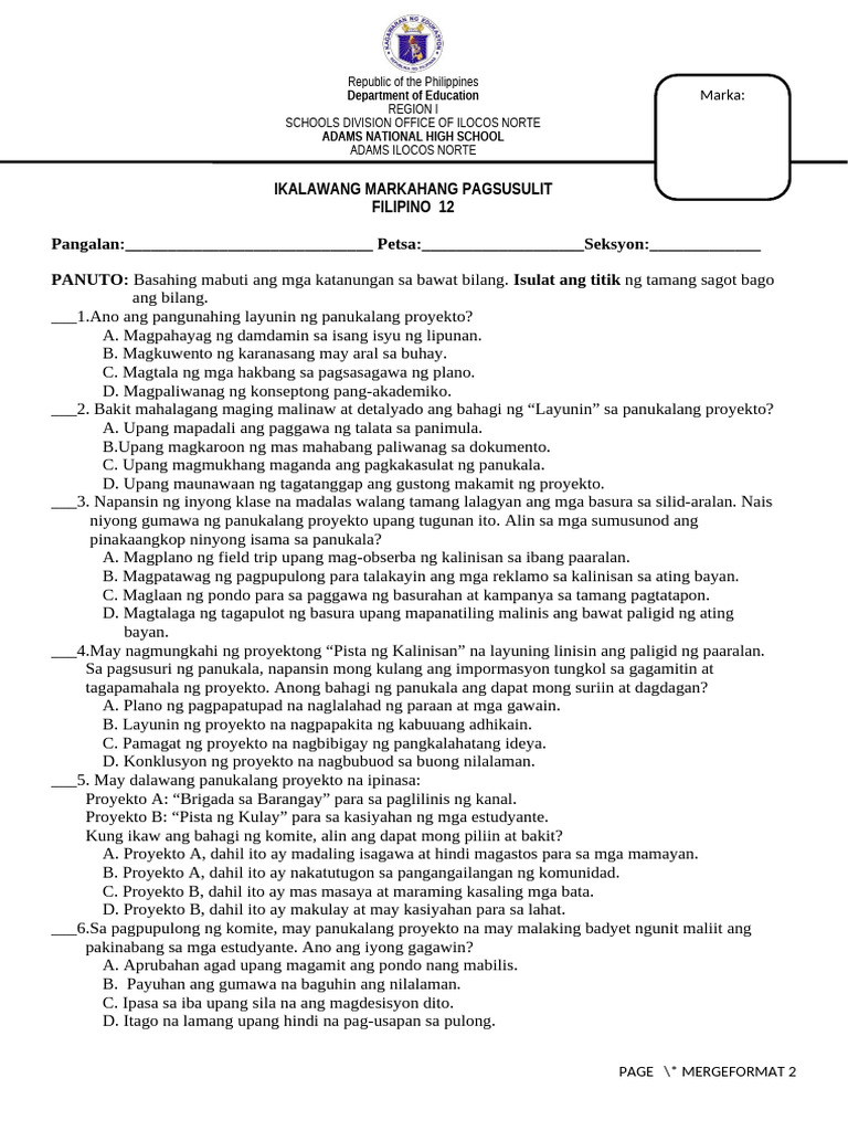 Grade 12 - Ikalawang Pagsusulit 2025-2026 | PDF
