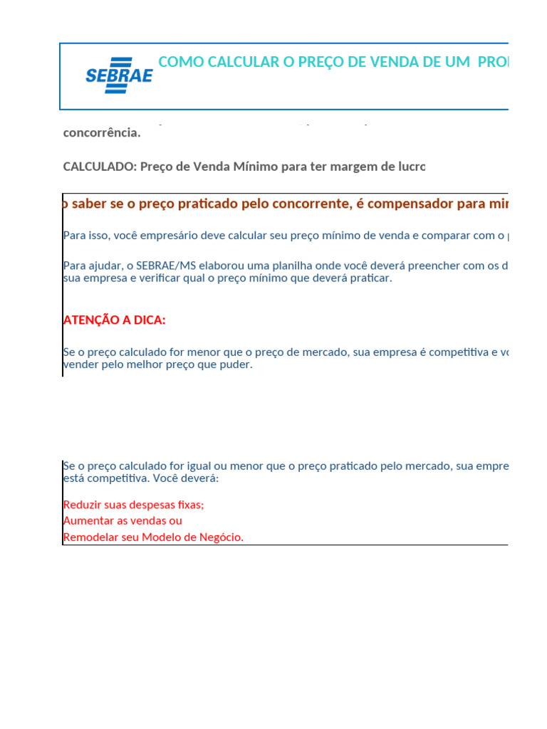 Tabela de Cálculo do Preço de Venda | PDF | Preços | Despesa