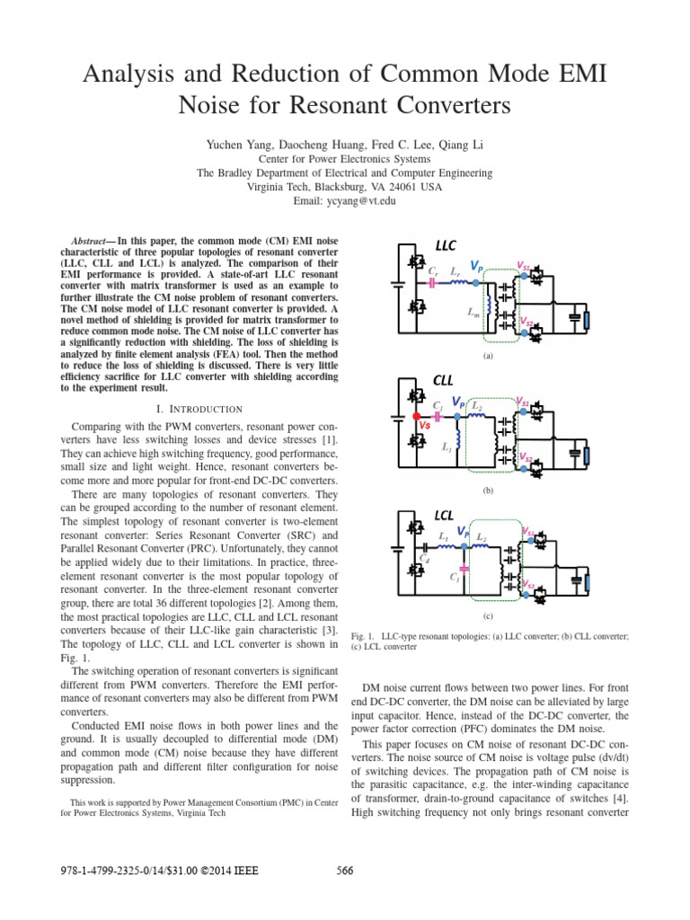 Analysis and Reduction of Common Mode EMI Noise For Resonant Converters ...