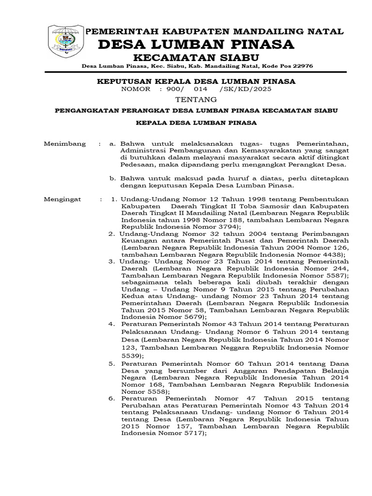 Pengangkatan Perangkat Desa Lumban Pinasa | PDF