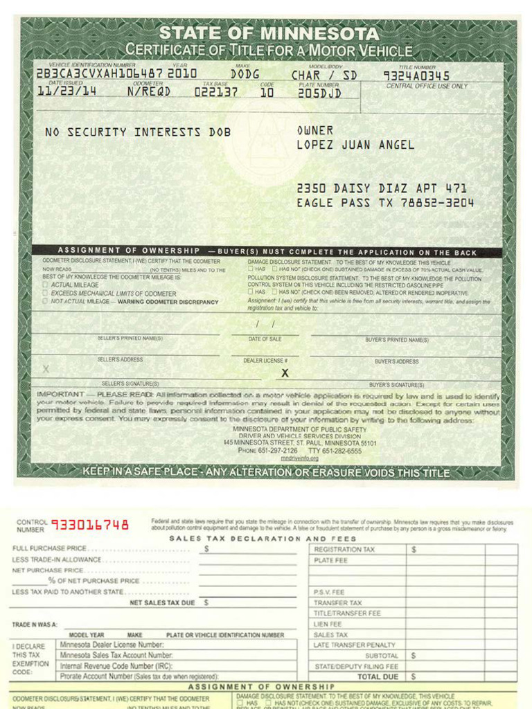 Vehicle Title Application and Disclosure | PDF