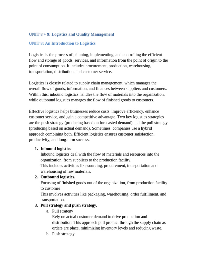 Logistics and Quality Management Overview | PDF | Logistics | Supply Chain