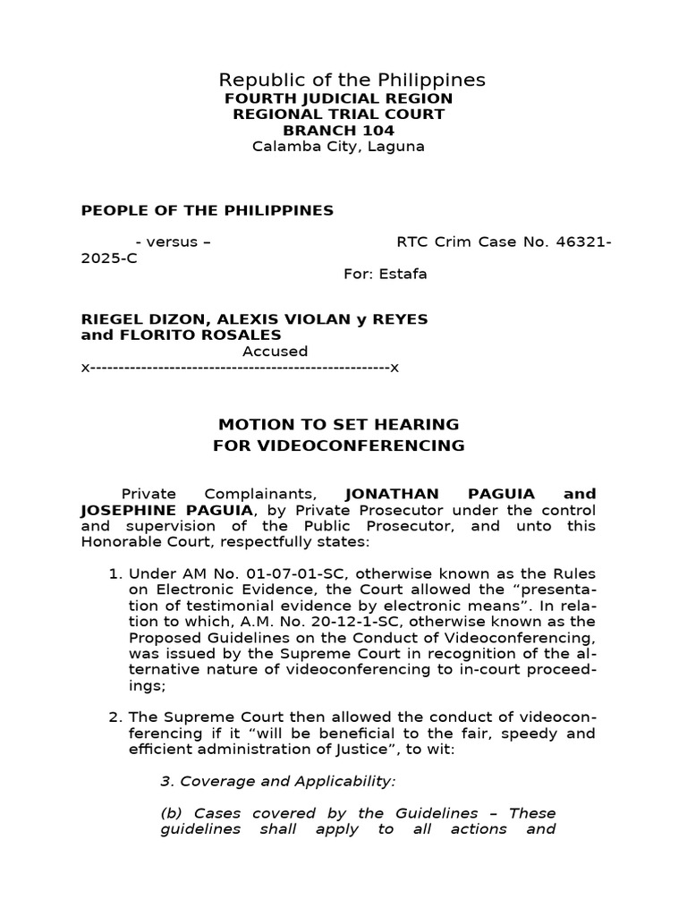 Motion For Videoconferencing Paguia August | PDF | Witness | Common Law