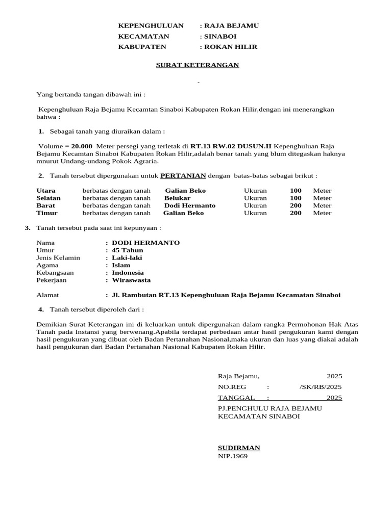 Surat Keterangan Tanah Raja Bejamu | PDF