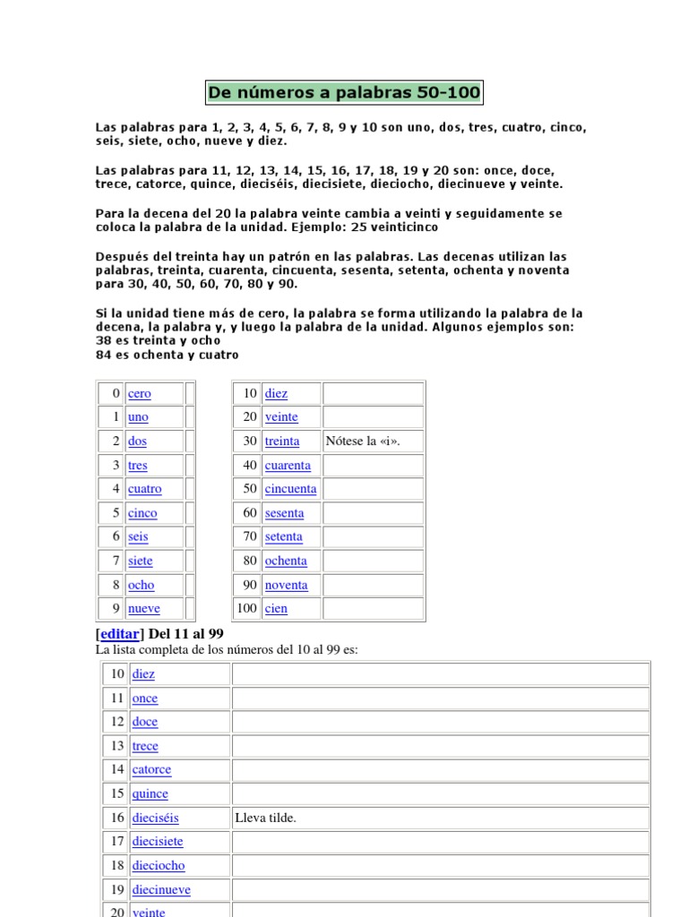 Números del 1 al 100 en letras | PDF | Métodos y materiales de enseñanza